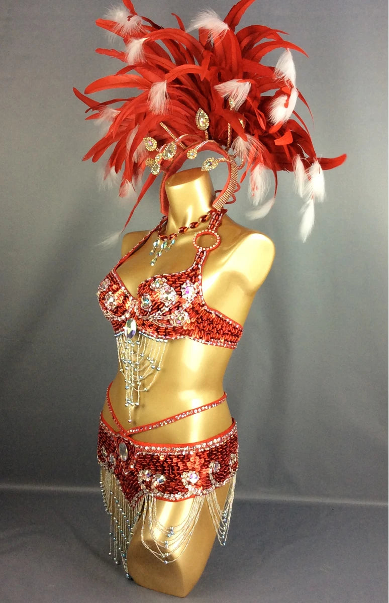 Samba Queen Rio Carnival Costume Set with Feather Headdress & Accessories