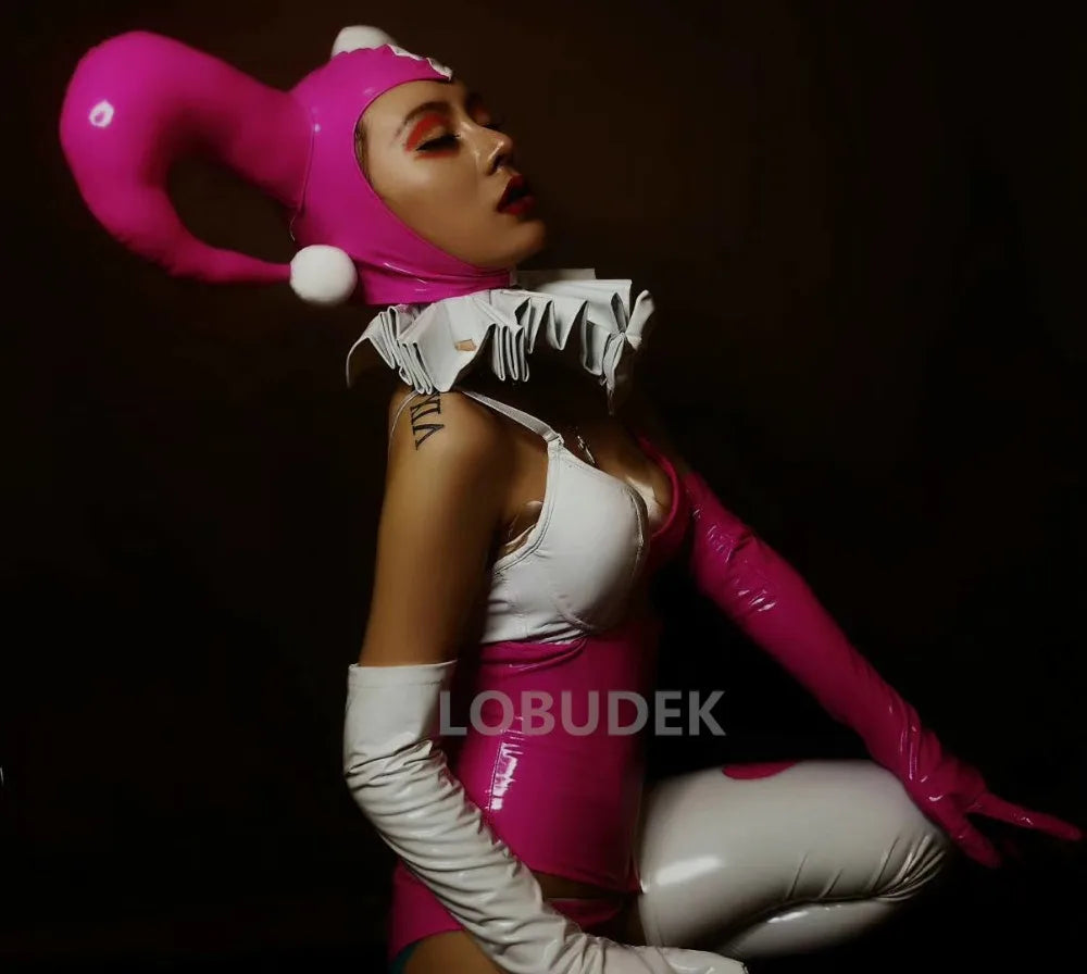 Pink Faux Leather Bikini, Furry Horns & Thigh-High Leg Covers 4-Piece Cosplay Stage Costume Set