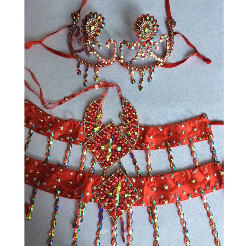 Sparkly Samba Carnival Rainbow Stone Wire Bra & Belt Two-Piece Costume Set