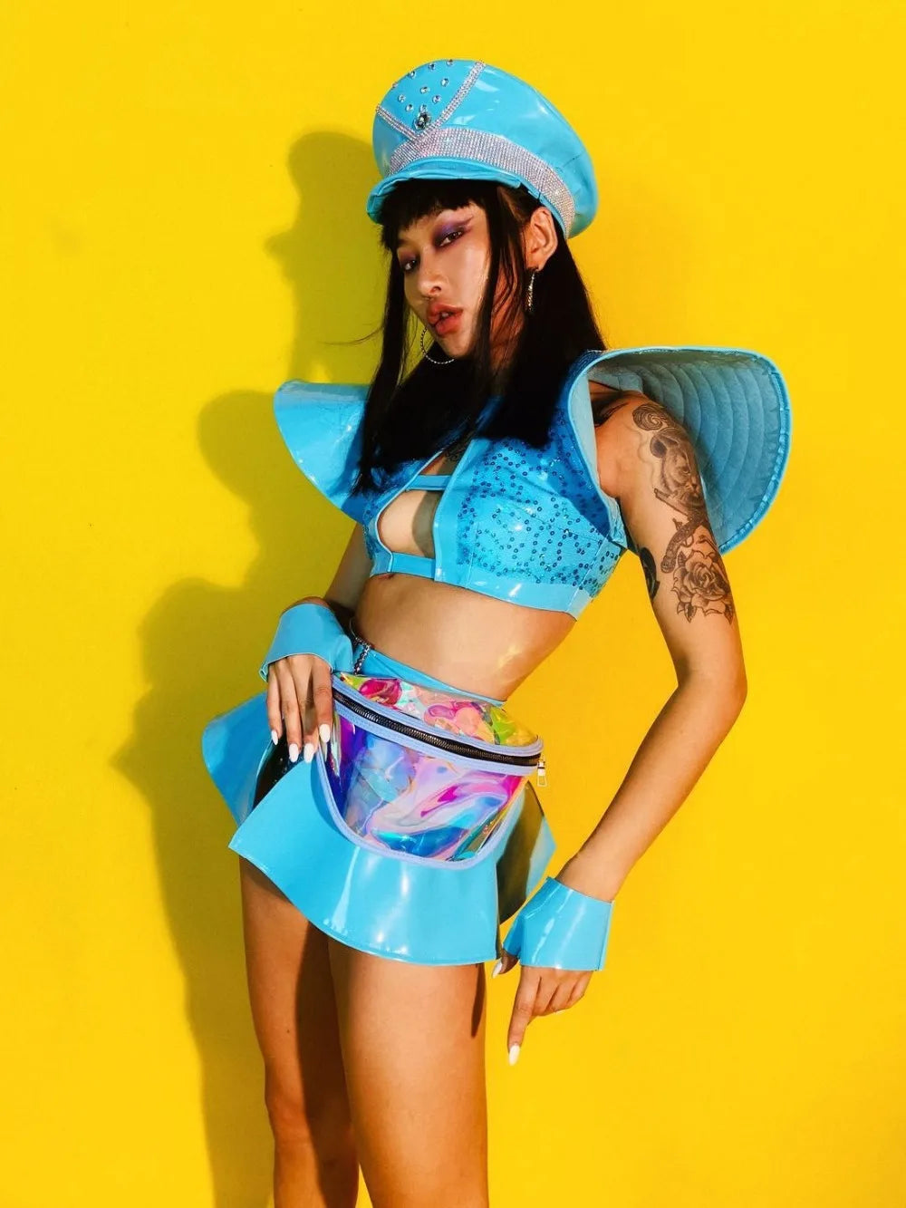 Sky Blue Armor Crop Top, Flared Skirt, Hat & Wrist Cuffs 4-Piece Stage Costume Set