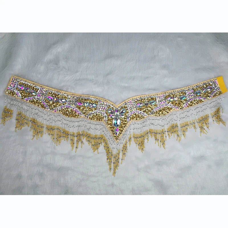 Sparkly Sequin Belly Dance Hip Scarf Wrap Belt with Beaded Tassel Waist Chain