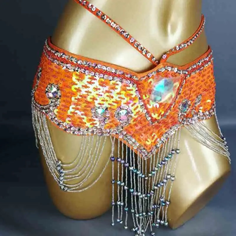 Sparkly Sequin Belly Dance Hip Scarf Wrap Belt with Beaded Tassel Waist Chain