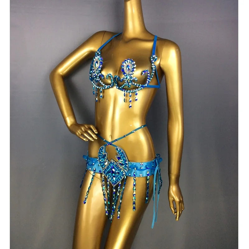 Sparkly Samba Carnival Rainbow Stone Wire Bra & Belt Two-Piece Costume Set