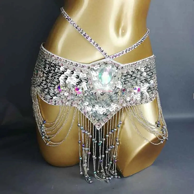 Sparkly Sequin Belly Dance Hip Scarf Wrap Belt with Beaded Tassel Waist Chain