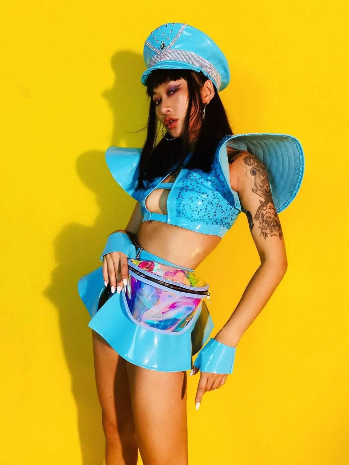 Sky Blue Armor Crop Top, Flared Skirt, Hat & Wrist Cuffs 4-Piece Stage Costume Set