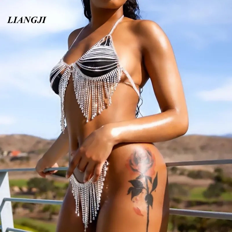 Rhinestone Strap Bra & Thong Body Jewelry