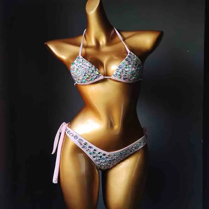 Cut-Out Rhinestone Bandage Bikini Set – Shimmering Crystal Push-Up Swimsuit & Open-Front Bling Bathing Suit for Raves & Festivals