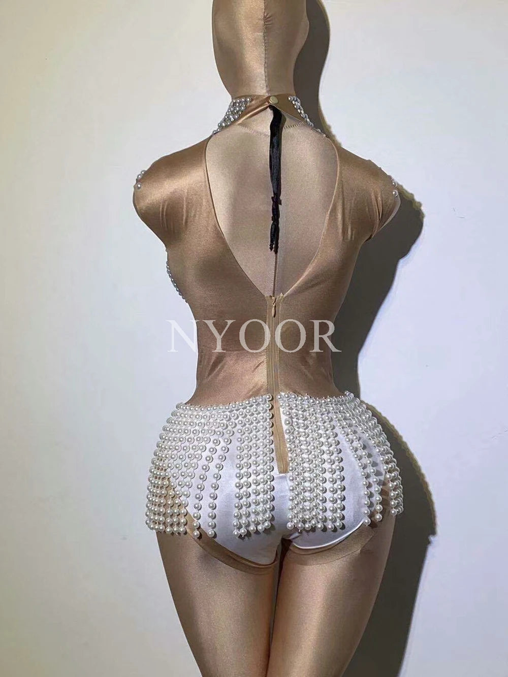 Sparkly Pearl Rhinestone Fringe Bodysuit Sleeveless Nude Stage Dance Leotard