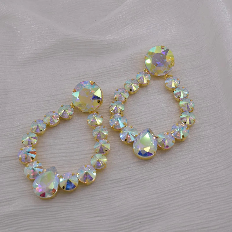 Sparkly Glass Crystal Oval Statement Drop Earrings Drag Queen Stage Jewelry