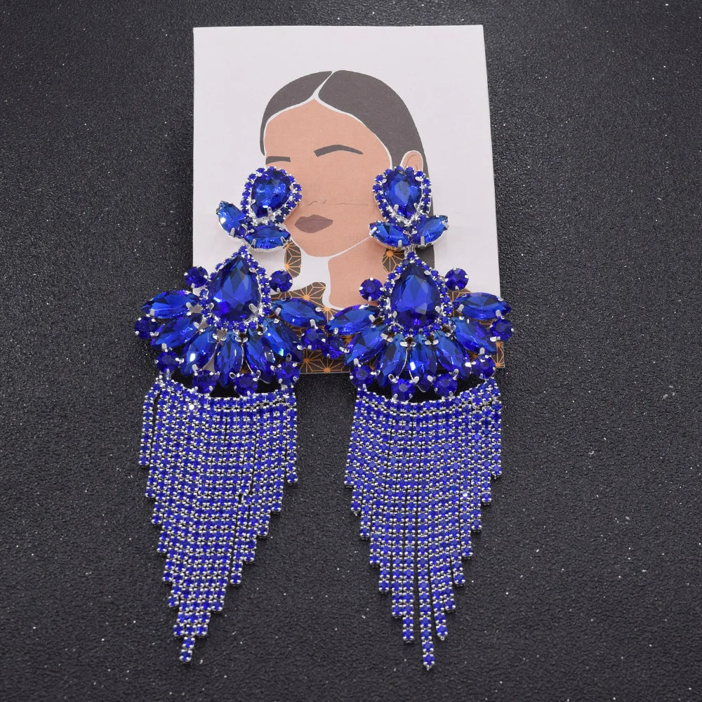 Sparkly Glass Crystal AB Tassel Drop Earrings Stage Performance Jewelry