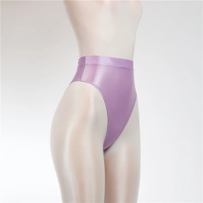 Sexy Shiny High Waist G-string Sheer See Through Sexy Brief Candy Color T-Back Oil Thong UnderWear Satin Glossy Femme Tight