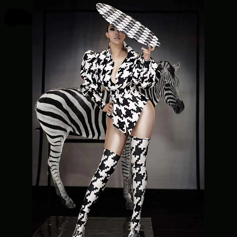 Houndstooth Geometric Print Bodysuit, Over-Knee Boots & Statement Hat 3-Piece Stage Costume Set