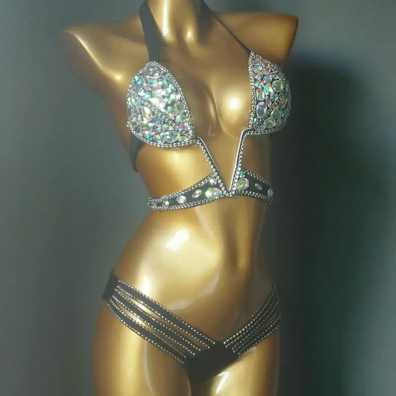 3-Piece Crystal Harness & Sheer Costume Set – Luxury Rhinestone Crop Top, Skirt & Wrap Set for Festivals, Raves & Stage Outfits