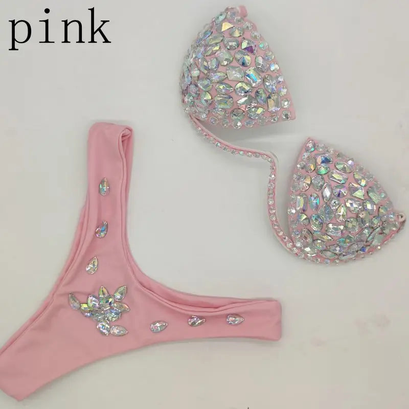Luxury Rhinestone Performance Bikini Set – Shimmering Crystal Push-Up Stage Costume & Bling Two-Piece for GoGo Dancers, Festivals & Raves
