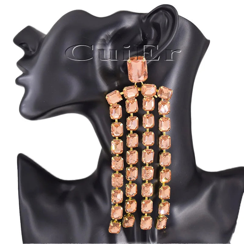 Sparkly 5.2" Glass Crystal Dangle Earrings Drag Queen Stage Jewelry