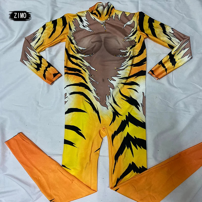 Tiger Print Rhinestone Catsuit Long Sleeve Fierce Animal Stage Performance Jumpsuit