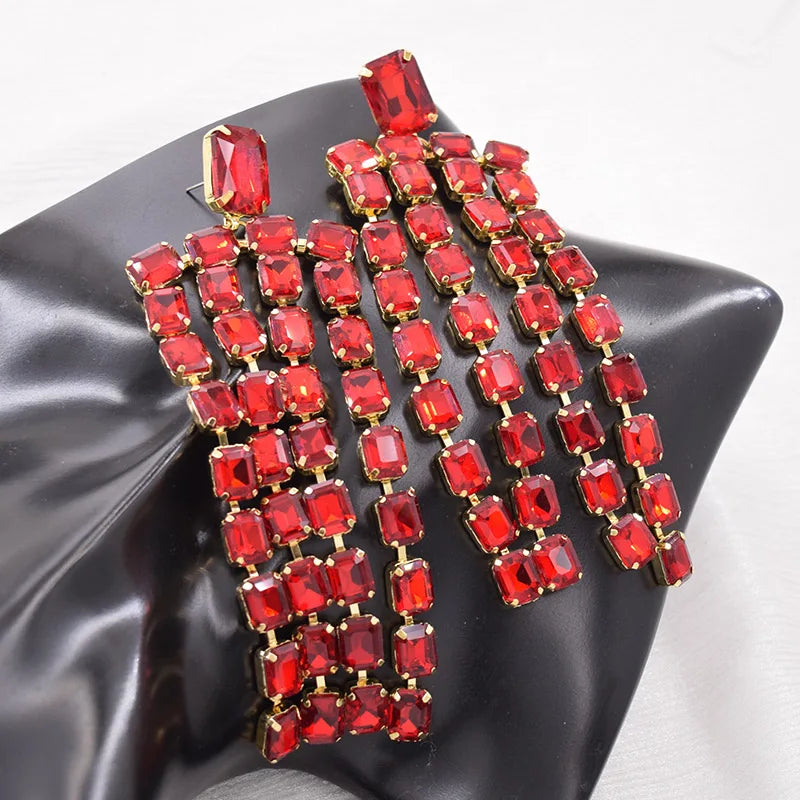 Sparkly 5.2" Glass Crystal Dangle Earrings Drag Queen Stage Jewelry