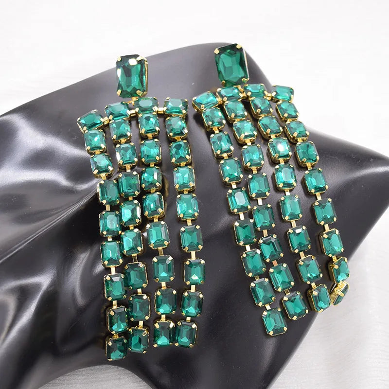 Sparkly 5.2" Glass Crystal Dangle Earrings Drag Queen Stage Jewelry