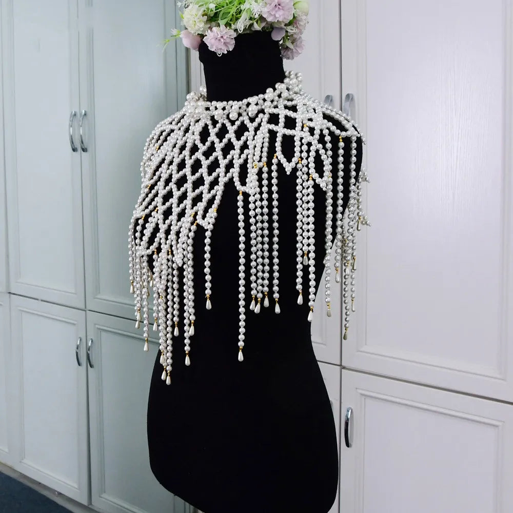 White Simulated Pearl Chest Wrap Chain