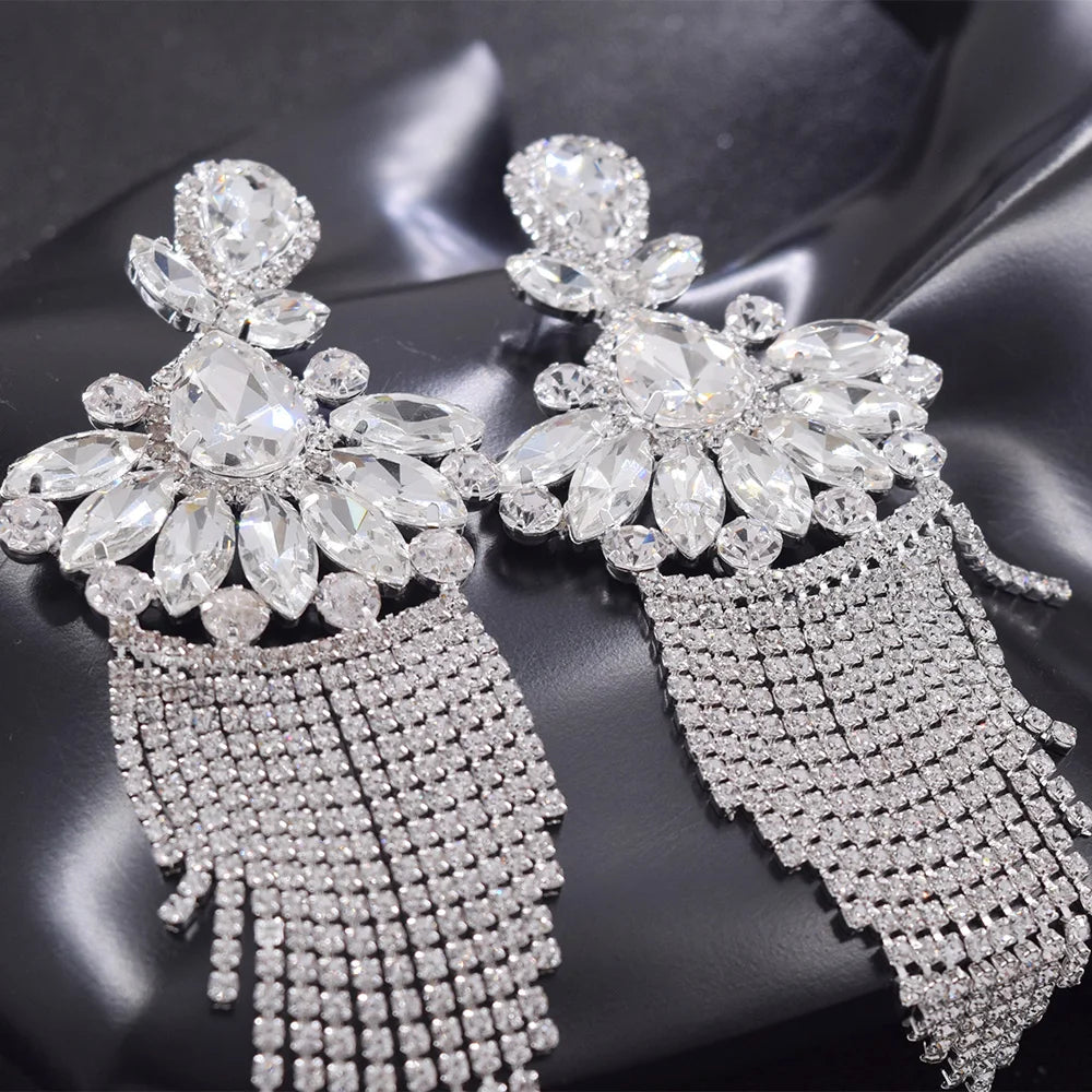 Sparkly Glass Crystal AB Tassel Drop Earrings Stage Performance Jewelry