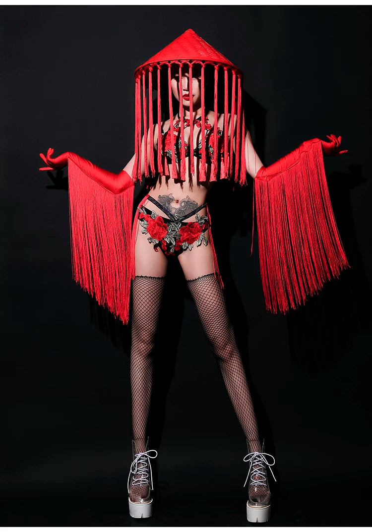Red Rose Floral Fringe Bikini & Matching Fringe Gloves Stage Performance Costume Set