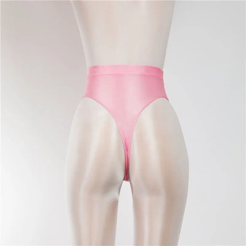 Sexy Shiny High Waist G-string Sheer See Through Sexy Brief Candy Color T-Back Oil Thong UnderWear Satin Glossy Femme Tight