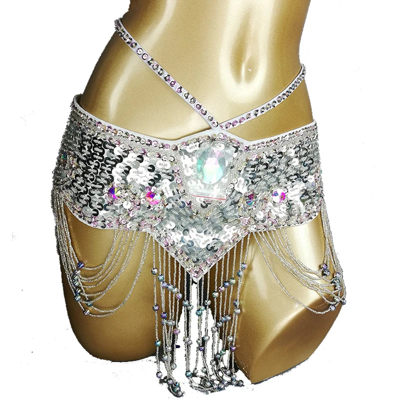 Sparkly Sequin Belly Dance Hip Scarf Wrap Belt with Beaded Tassel Waist Chain