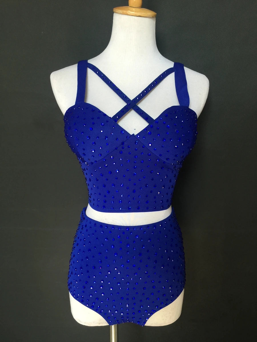Sparkly Rhinestone Crop Top & High-Waisted Shorts Two-Piece Dance Costume Set