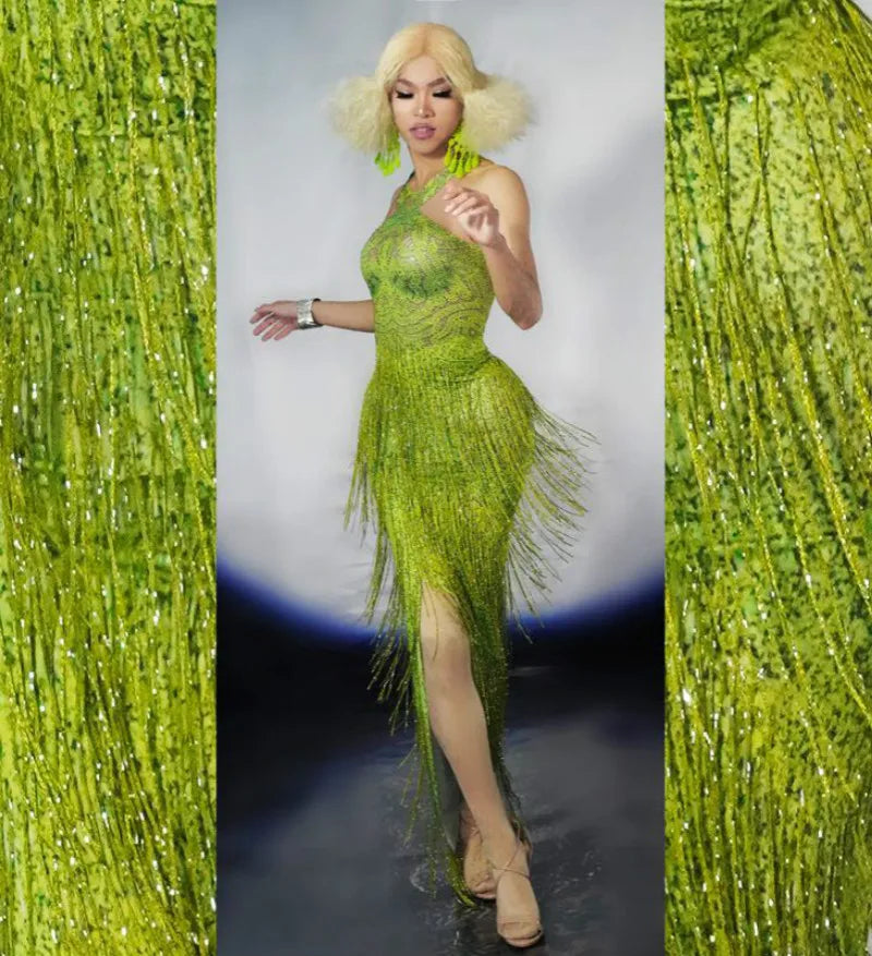 Sparkly Lime Green Rhinestone & Tassel Fringe Bodycon Dress Stage Performance Costume