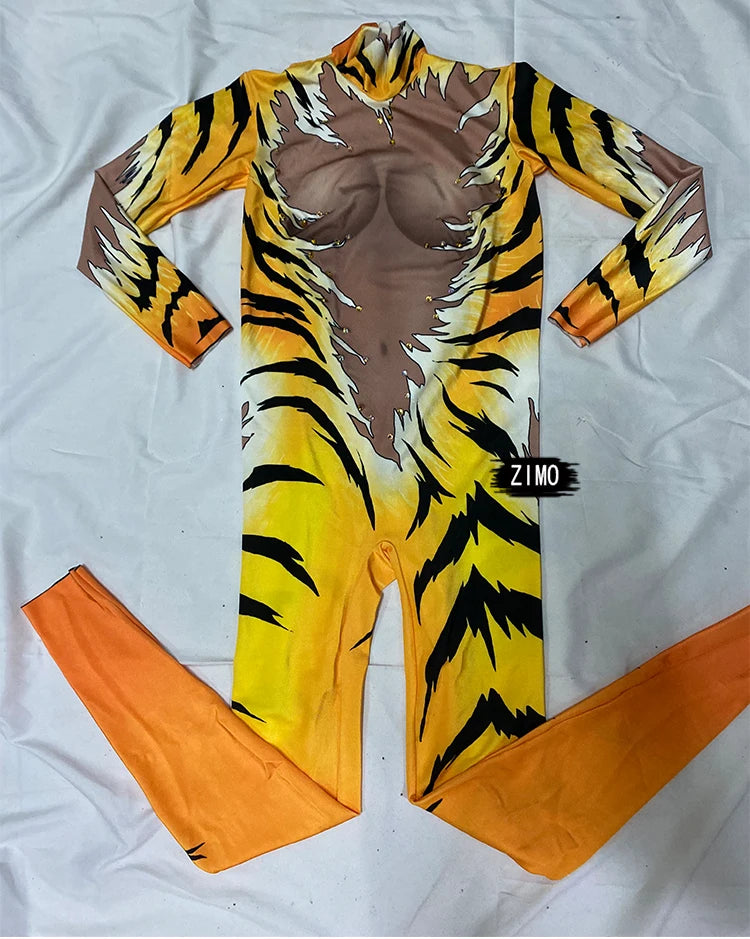 Tiger Print Rhinestone Catsuit Long Sleeve Fierce Animal Stage Performance Jumpsuit