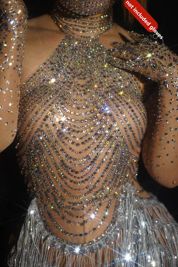 Rhinestone Tassel Mesh Performance Costume Set