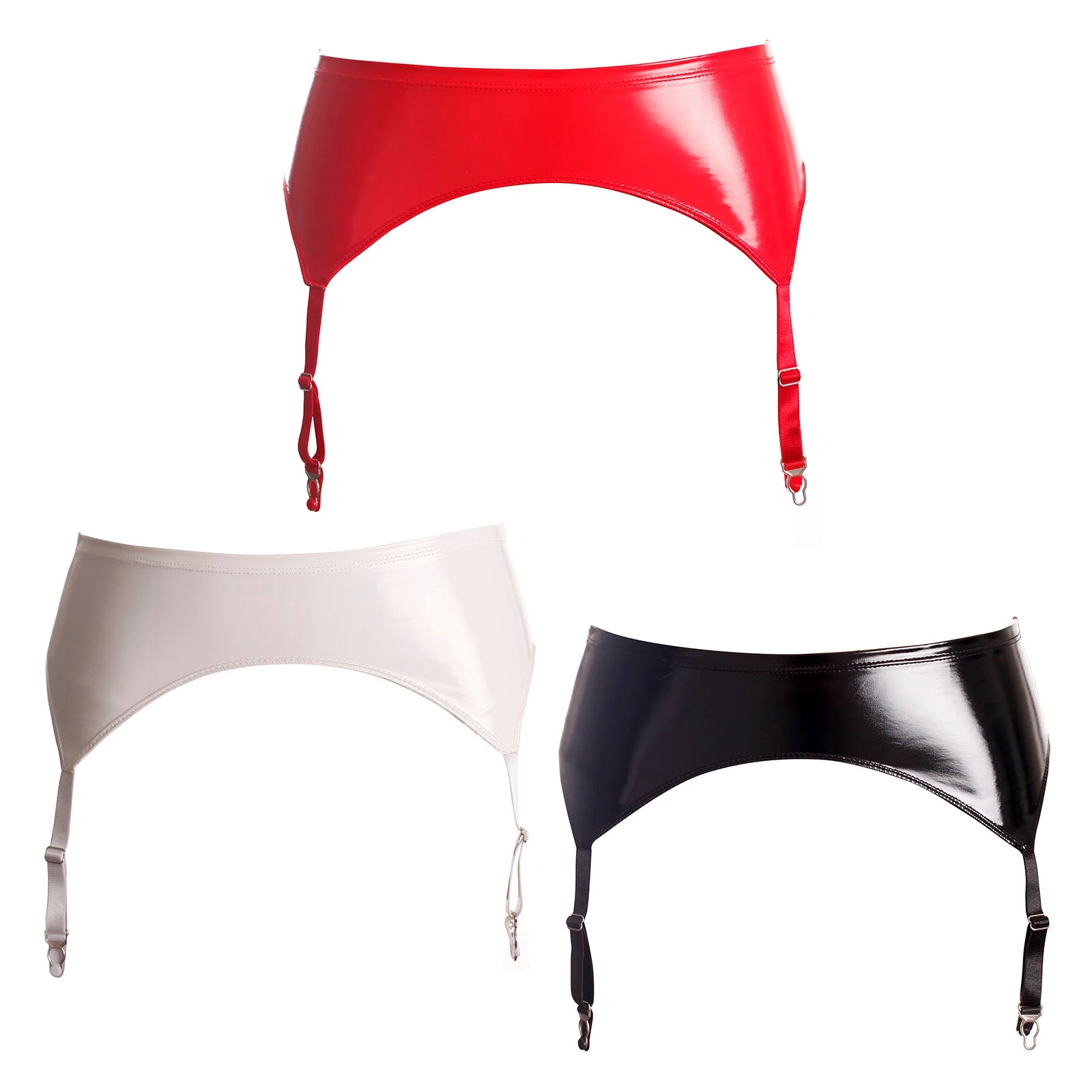 Glossy Faux Leather Mid-Waist Garter Belt with Metal Buckle Suspenders