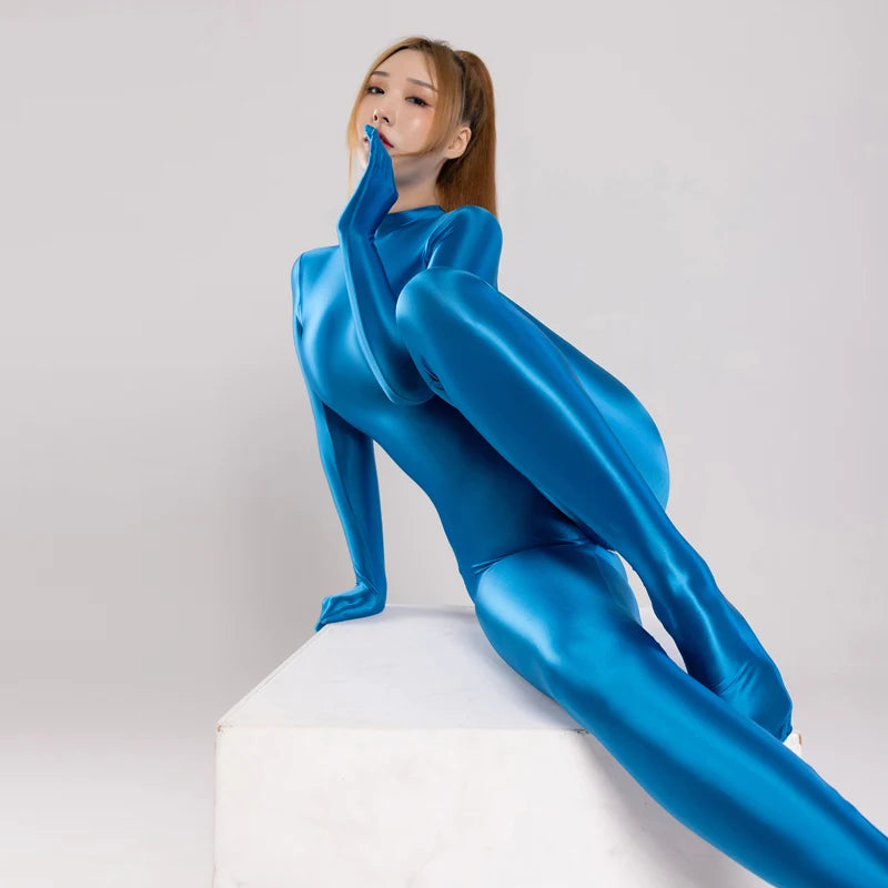 Silky Oil Glossy Long Sleeve Thong Bodysuit Full-Length Shaping Jumpsuit