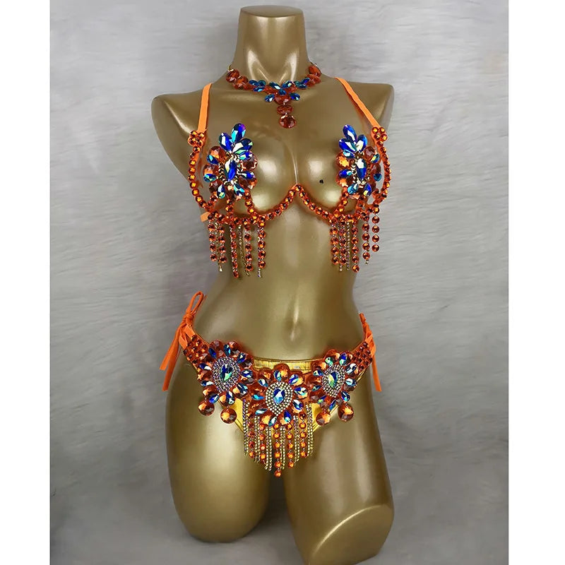 Sparkly Samba Carnival Stone Wire Bra, Belt & Necklace Three-Piece Costume Set