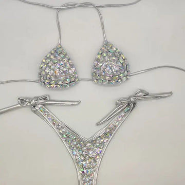 Cut-Out Rhinestone Bandage Bikini Set – Shimmering Crystal Push-Up Swimsuit & Open-Front Bling Bathing Suit for Raves & Festivals