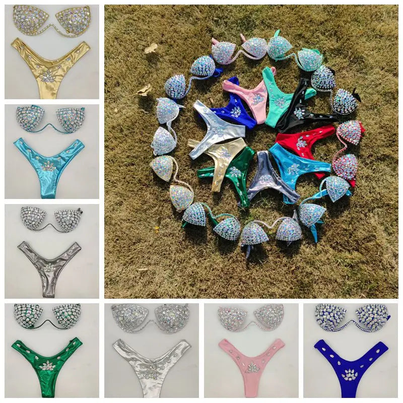Luxury Rhinestone Performance Bikini Set – Shimmering Crystal Push-Up Stage Costume & Bling Two-Piece for GoGo Dancers, Festivals & Raves