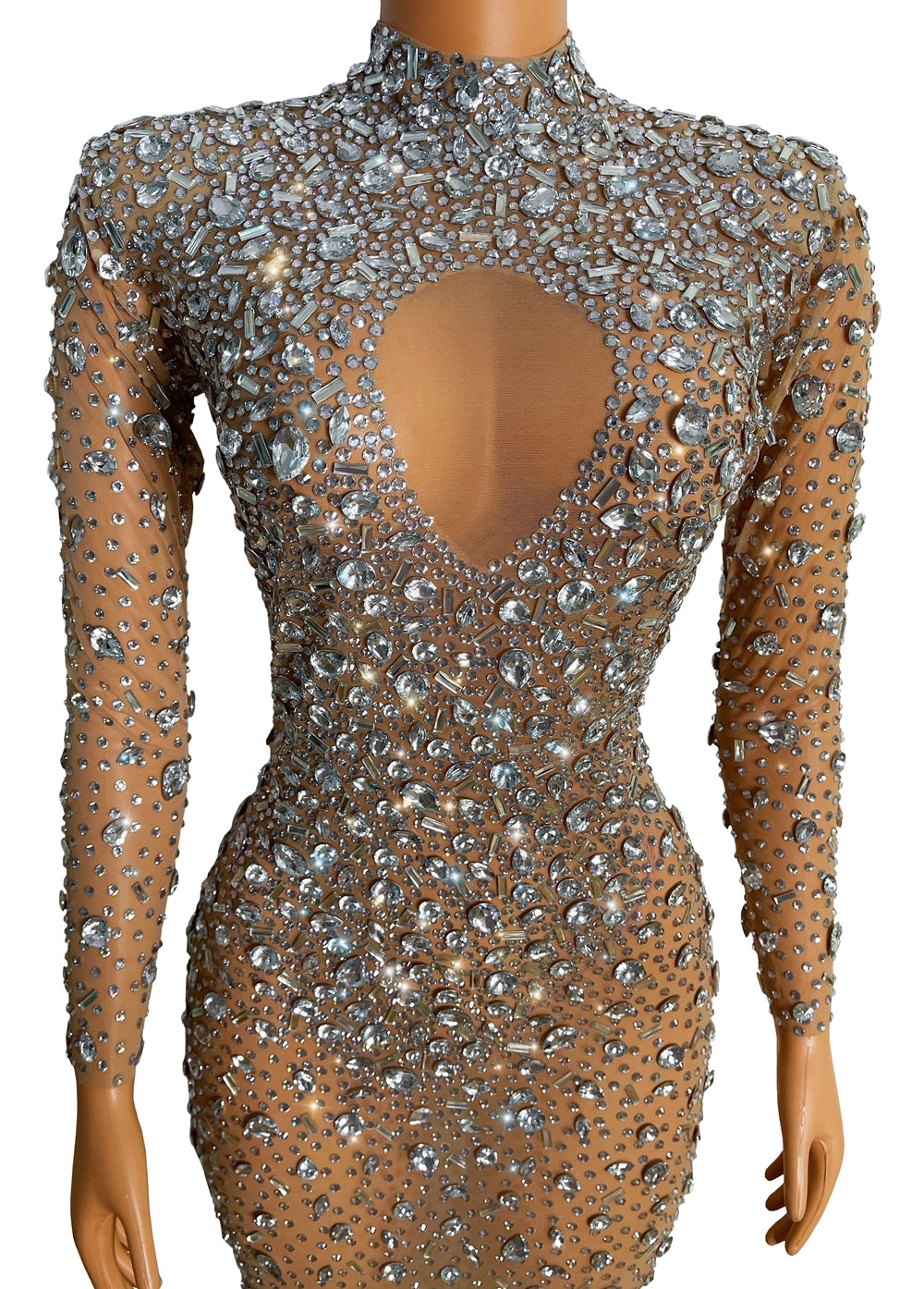 Sparkling Full Crystal Illusion Jumpsuit Long Sleeve Rhinestone Catsuit Stage Wear