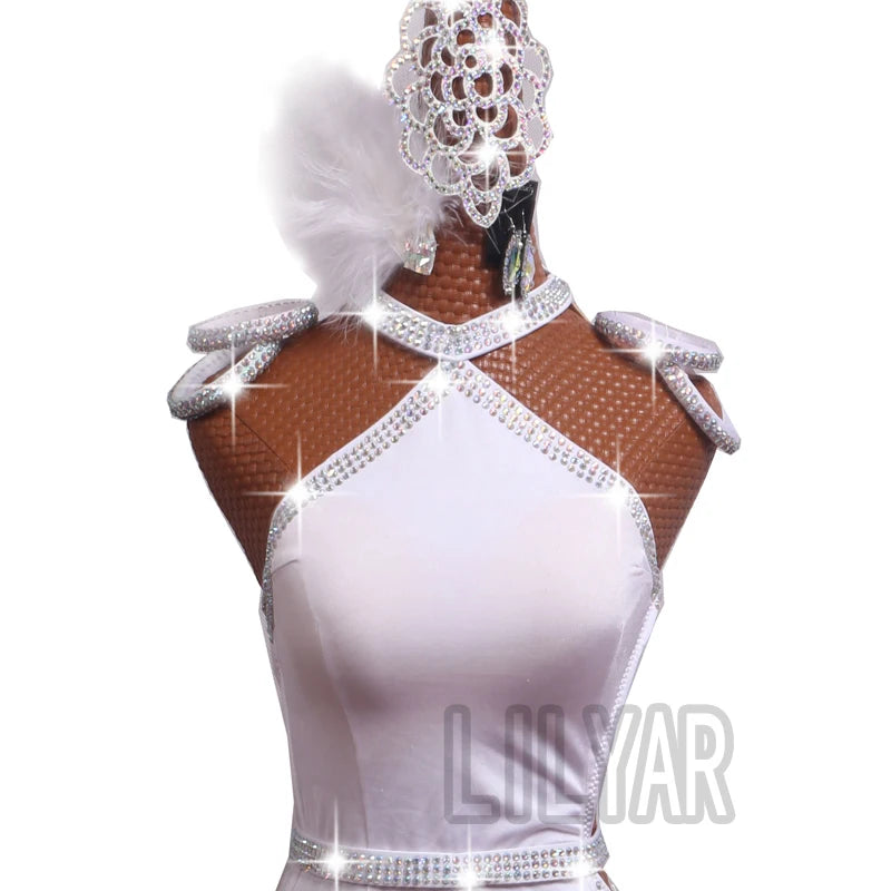 The Stardust Swan Queen – White Feathered Embroidered Latin Dance Competition Dress Set