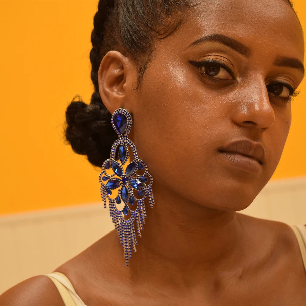 Sparkly Glass Crystal Statement Drop Earrings Stage Performance Jewelry