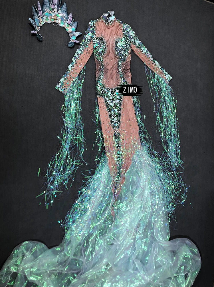 Emerald Green Rhinestone Sequin Mermaid Gown & Crown Stage Performance Costume Set