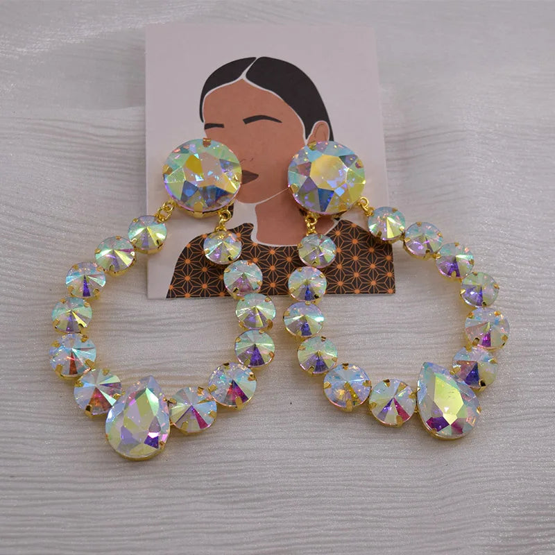 Sparkly Glass Crystal Oval Statement Drop Earrings Drag Queen Stage Jewelry