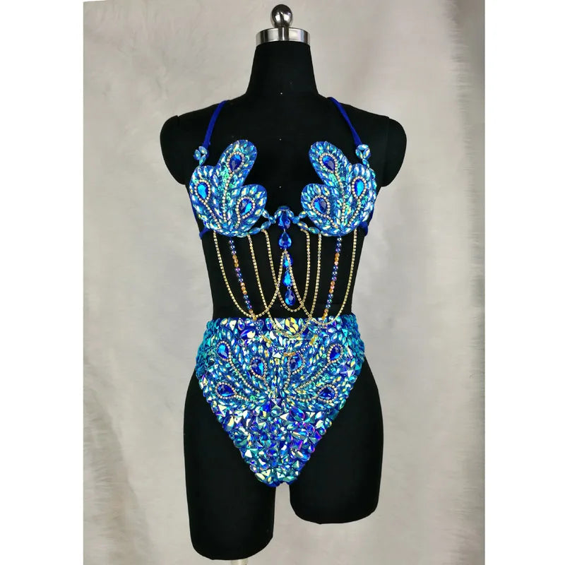 Sparkly Samba Carnival Stone Wire Bra & High-Waisted Bottom Two-Piece Costume Set