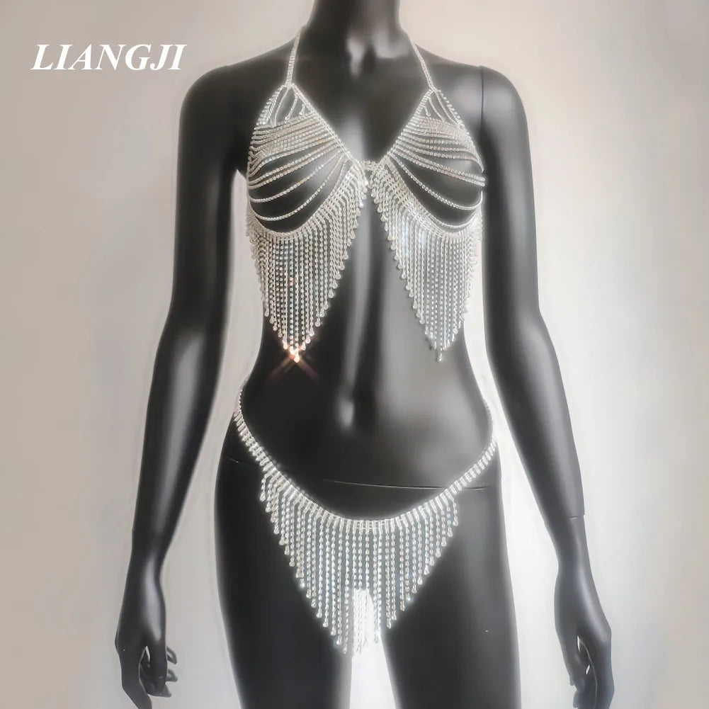Rhinestone Strap Bra & Thong Body Jewelry