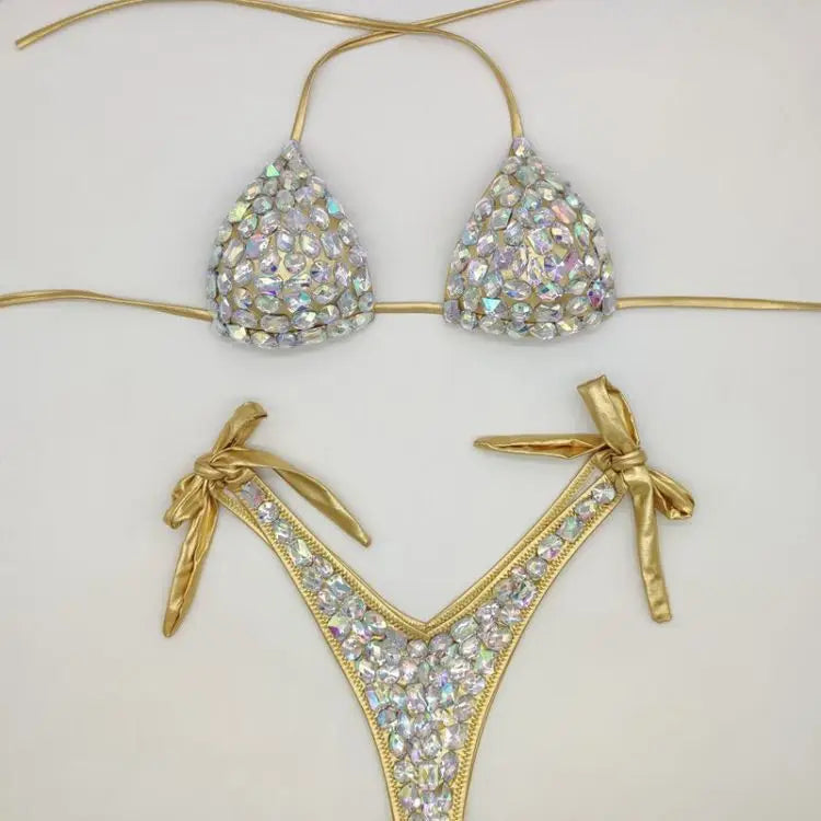 Strappy Rhinestone Bandage Bikini Set – Exotic Crystal Cross-Wrap Swimsuit & Bling Bathing Suit for Luxury Pool Parties
