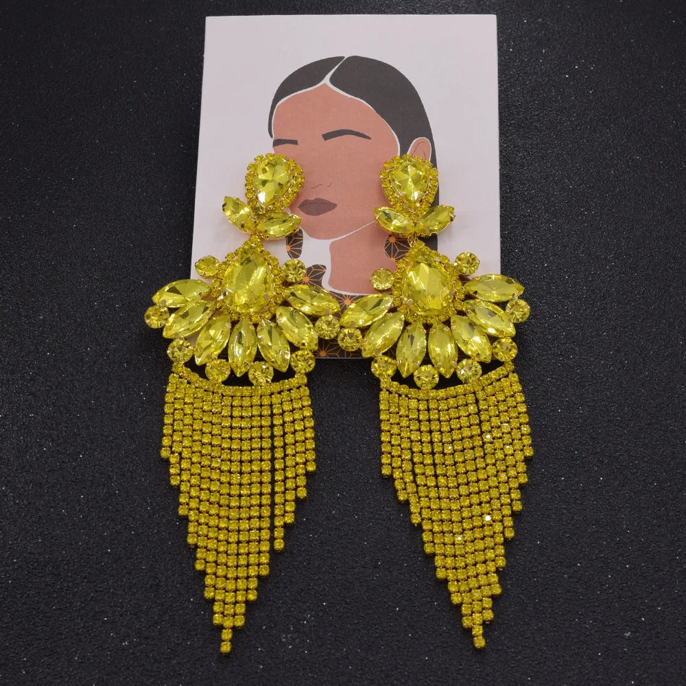 Sparkly Glass Crystal AB Tassel Drop Earrings Stage Performance Jewelry