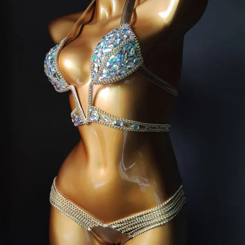 3-Piece Crystal Harness & Sheer Costume Set – Luxury Rhinestone Crop Top, Skirt & Wrap Set for Festivals, Raves & Stage Outfits