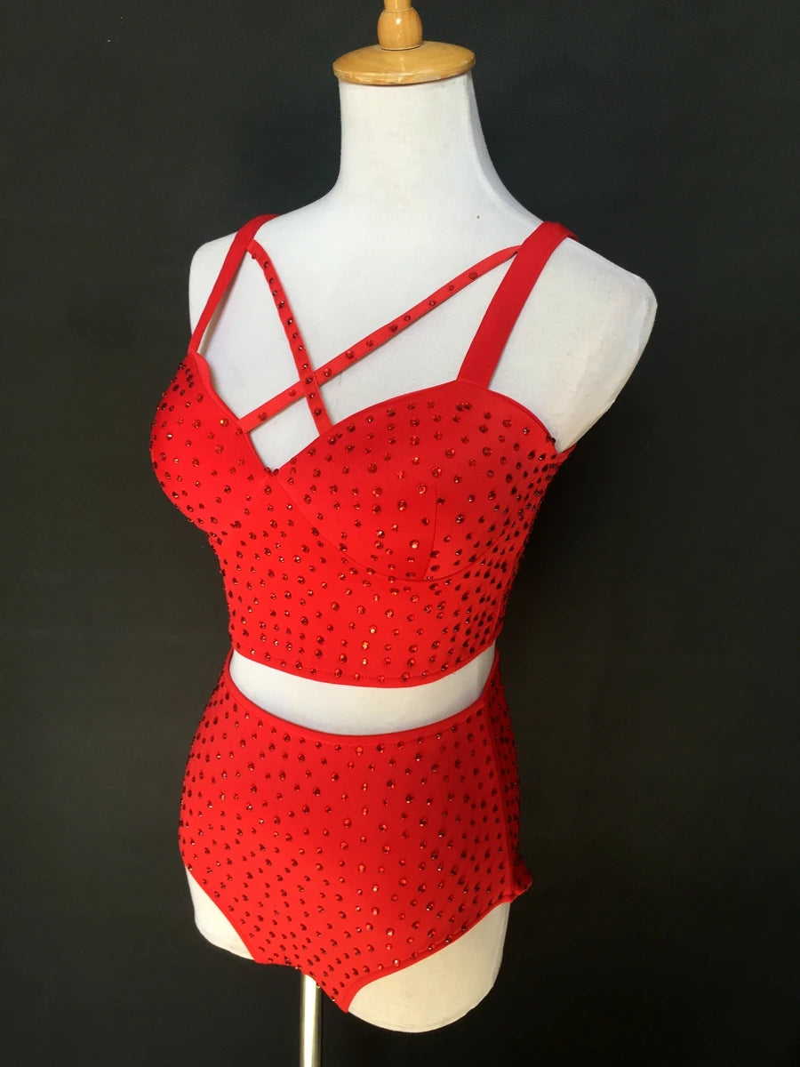 Sparkly Rhinestone Crop Top & High-Waisted Shorts Two-Piece Dance Costume Set