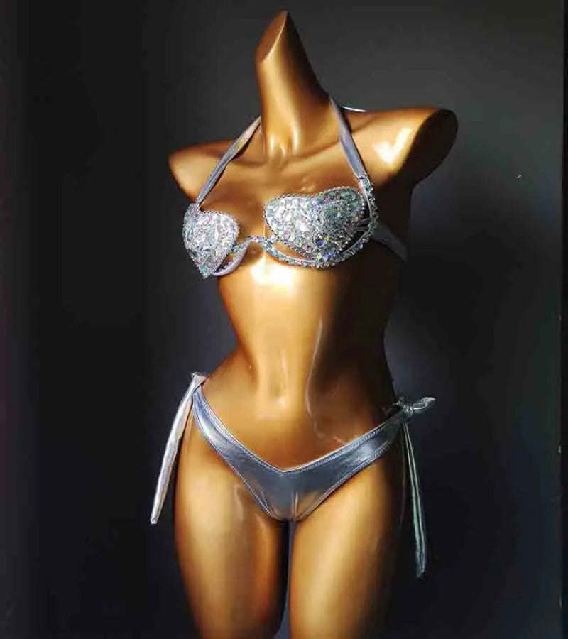 The Venus Vacation Deep-V Bikini – Luxe Rhinestone Embellished Showgirl Swim Set
