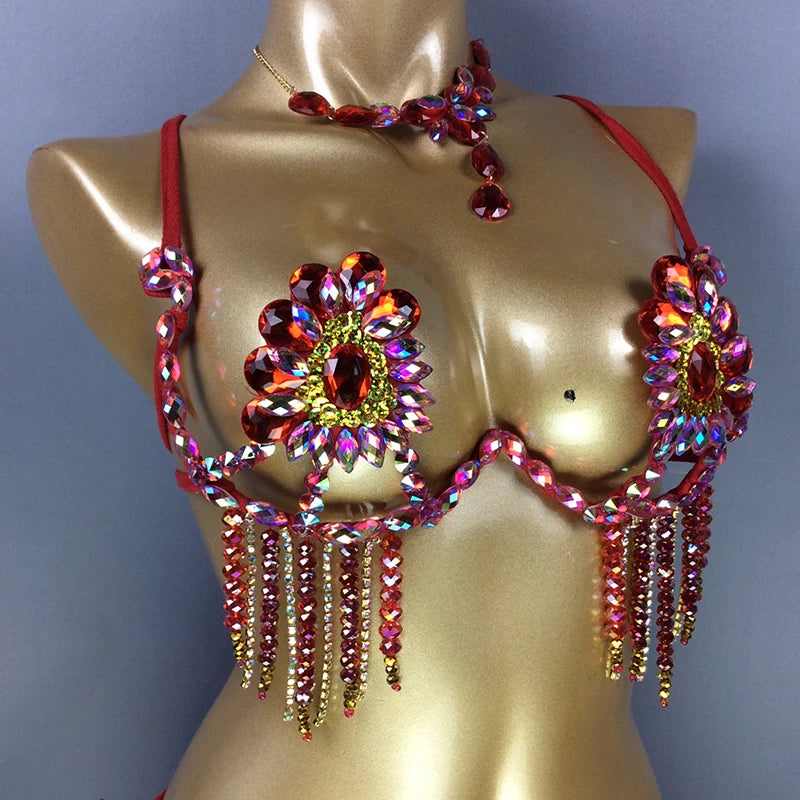Sparkly Samba Carnival Stone Wire Bra & Necklace Two-Piece Dance Costume Set