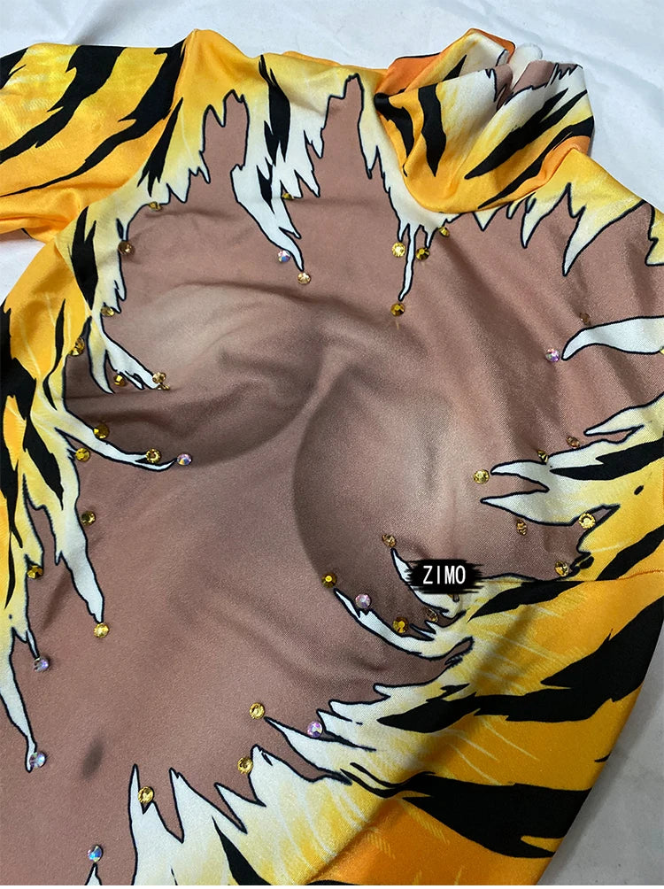 Tiger Print Rhinestone Catsuit Long Sleeve Fierce Animal Stage Performance Jumpsuit